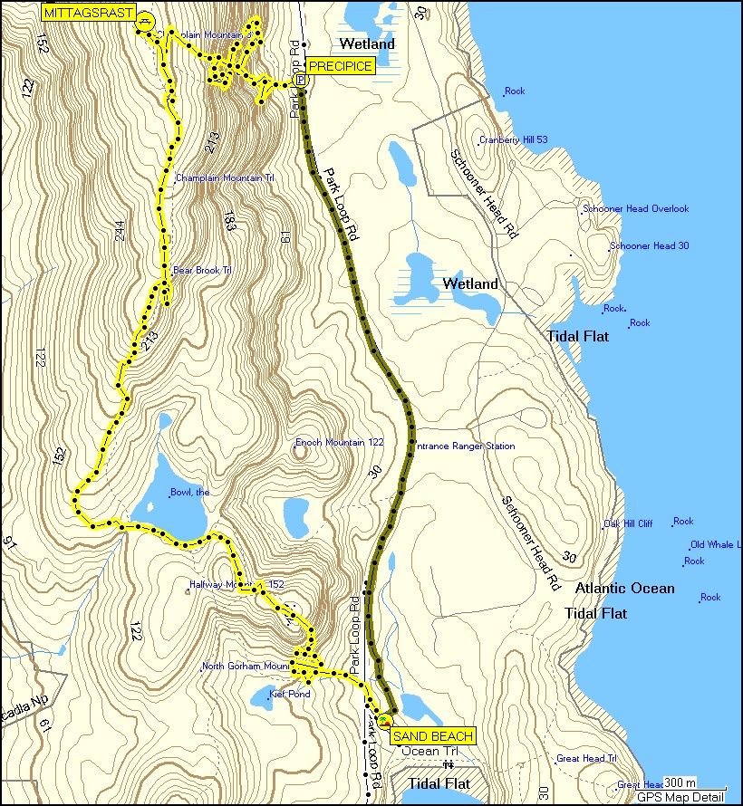 [ karte mit wegstrecken wanderung im acadia NP vom parkplatz precipice auf champlain mountain und zur sand beach plus fussmarsch reto zurck zum auto ]