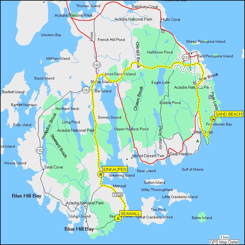 [ karte mit wegstrecke von der sand beach im acadia NP via southwest harbor (einkaufen) zum camping seawall ]
