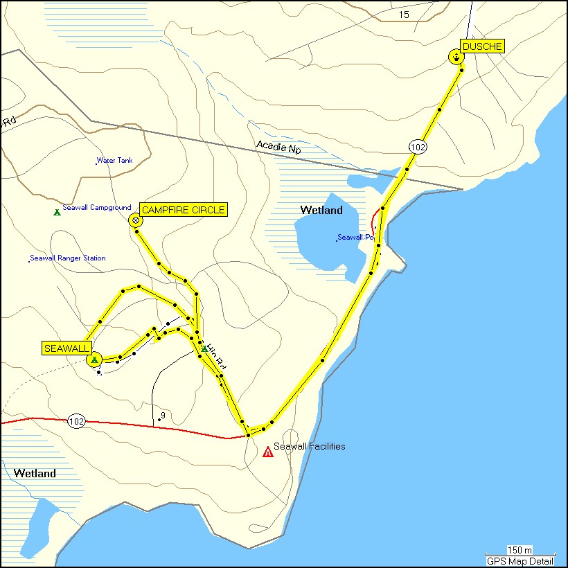 [ karte mit wegstrecke vom camping seawall im acadia NP zur dusche, zum campfire circle und zurck zum zelt ]