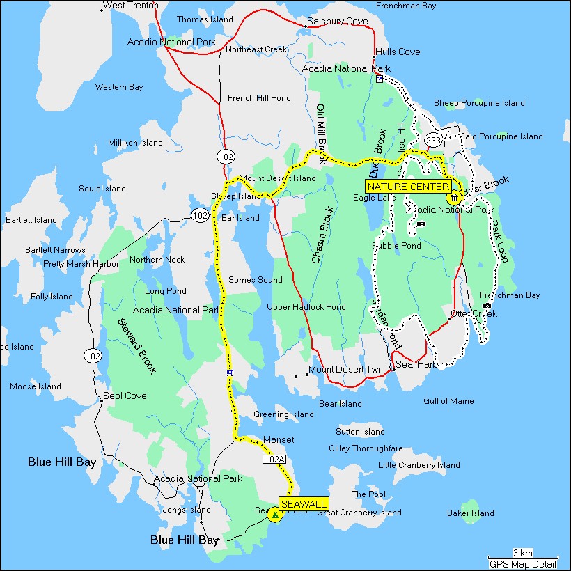 [ karte mit wegstrecke vom camping seawall im acadia NP zum nature center ]
