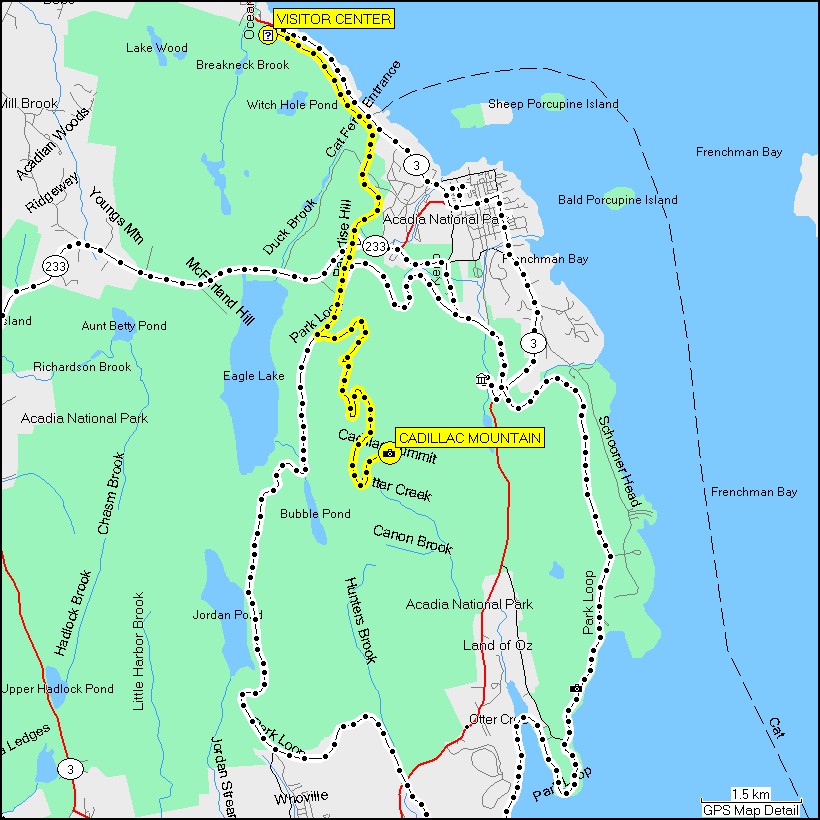 [ karte mit wegstrecke vom visitor center im acadia NP auf den cadillac mountain ]