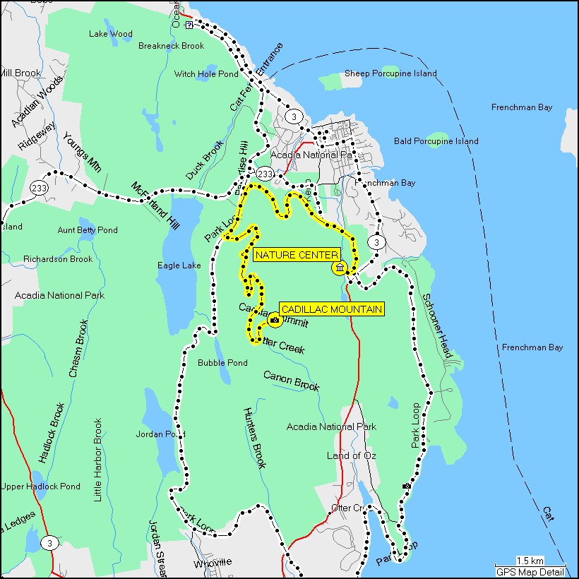 [ karte mit wegstrecke vom cadillac mountain im acadia NP zum nature center ]
