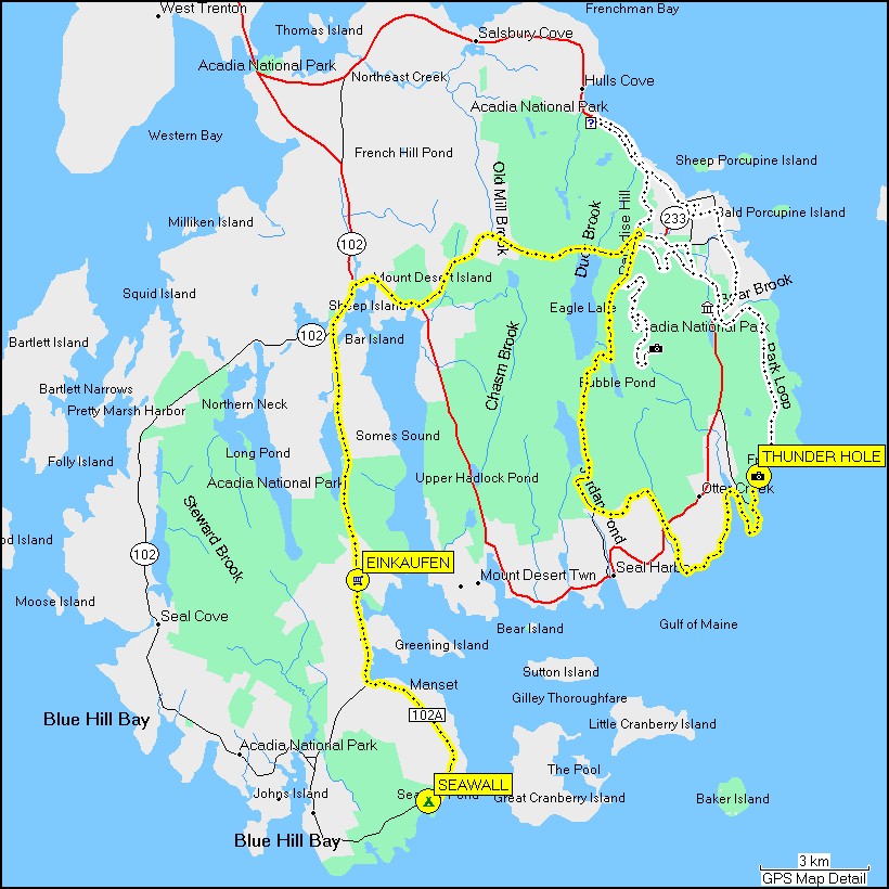 [ karte mit wegstrecke vom thunder hole im acadia NP zum camping seawall ]
