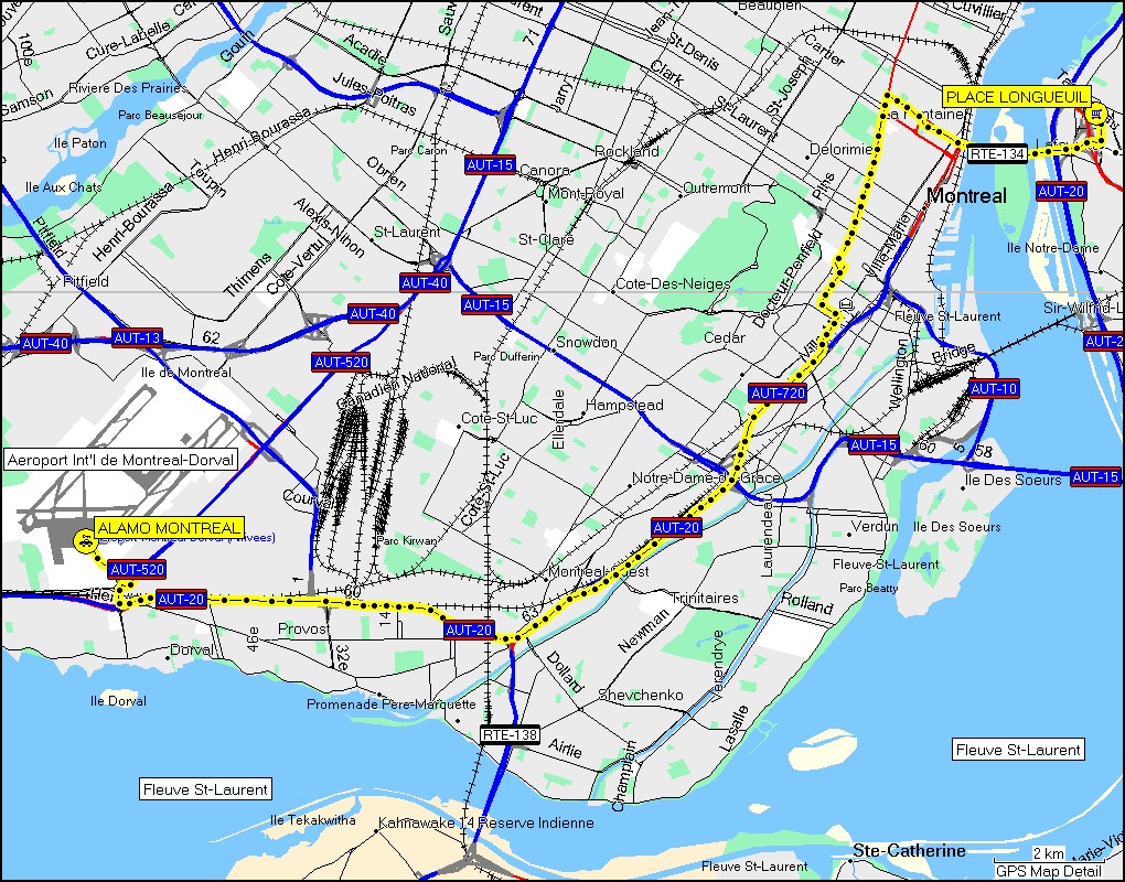 [ karte mit wegstrecke vom longueuil place in montreal zum aeroport international de montreal-dorval ]