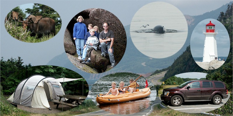 [ collage: elchbulle - the ambis - minky whale - leuchtturm peggys cove - zelt - kids im gummiboot - dodge durango ]