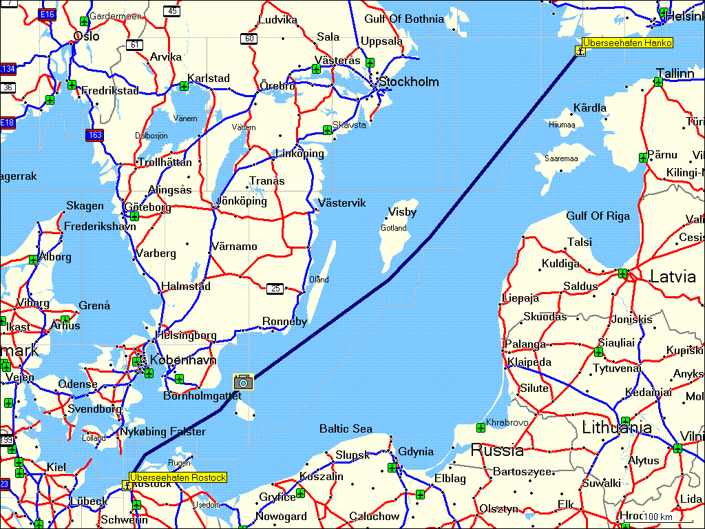 [ karte mit route berseehafen rostock, D - berseehafen hanko, SF ]