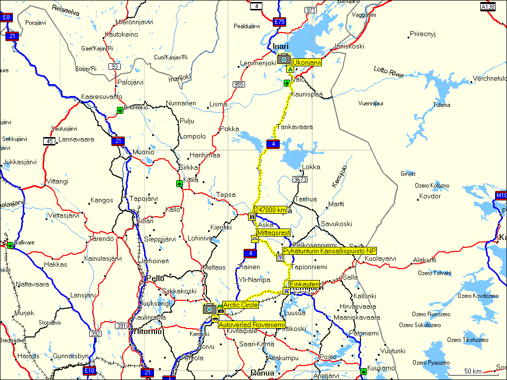 [ karte mit wegstrecke rovaniemi, SF via nationalpark pyhtunturin kansallispuisto nach ivalo, SF ]