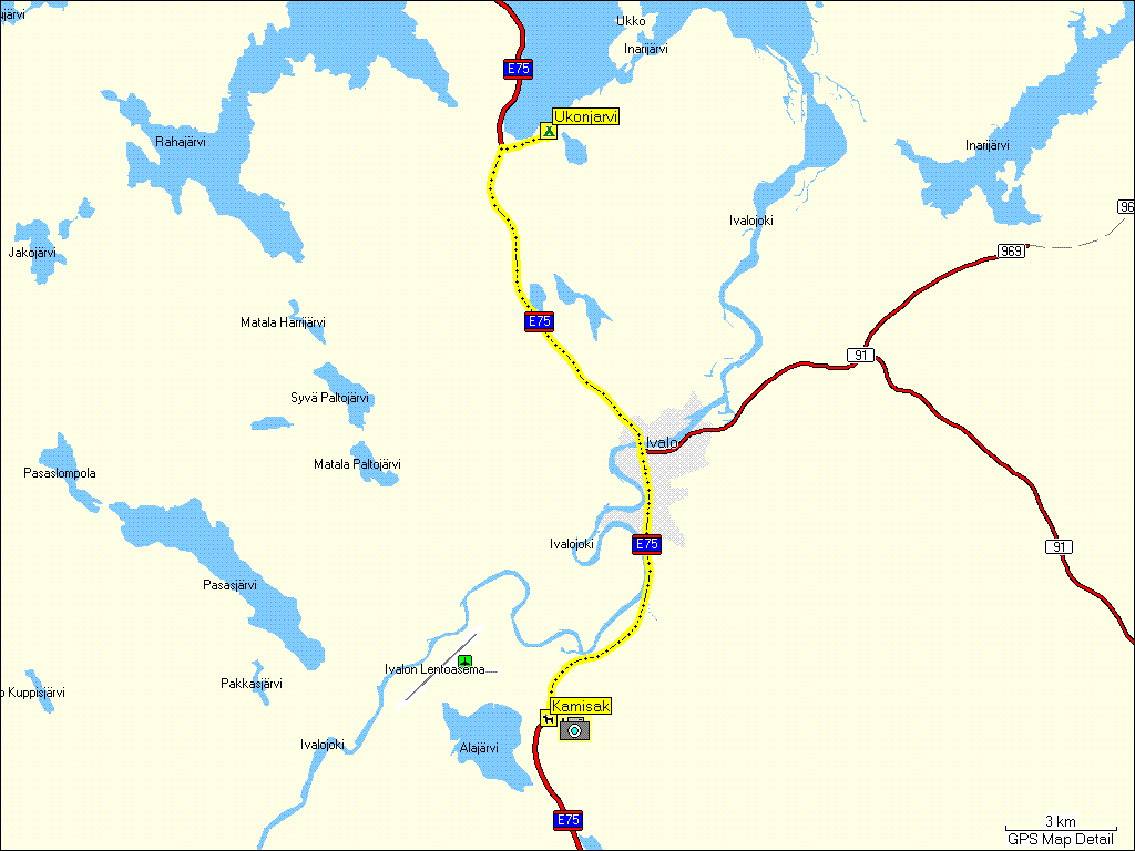 [ karte mit wegstrecke campingplatz ukonjrvi bei ivalo, SF zur huskyfarm kamisak und zurck ]