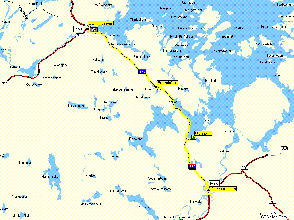 [ karte mit wegstrecke campingplatz ukonjrvi bei ivalo, SF zum computershop in ivalo, anschliessend zum samen museum in inari und zurck ]