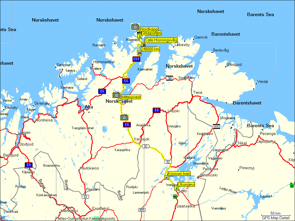 [ karte mit wegstrecke campingplatz ukonjrvi bei ivalo, SF via honningsvg, N und campingplatz kirkeporten bei skarsvg, N zum nordkapp ]