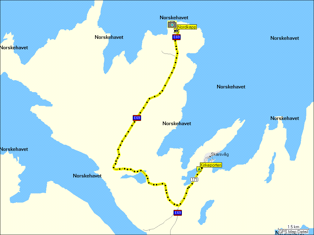[ karte mit wegstrecke vom nordkapp zum campingplatz kirkeporten bei skarsvg, N ]