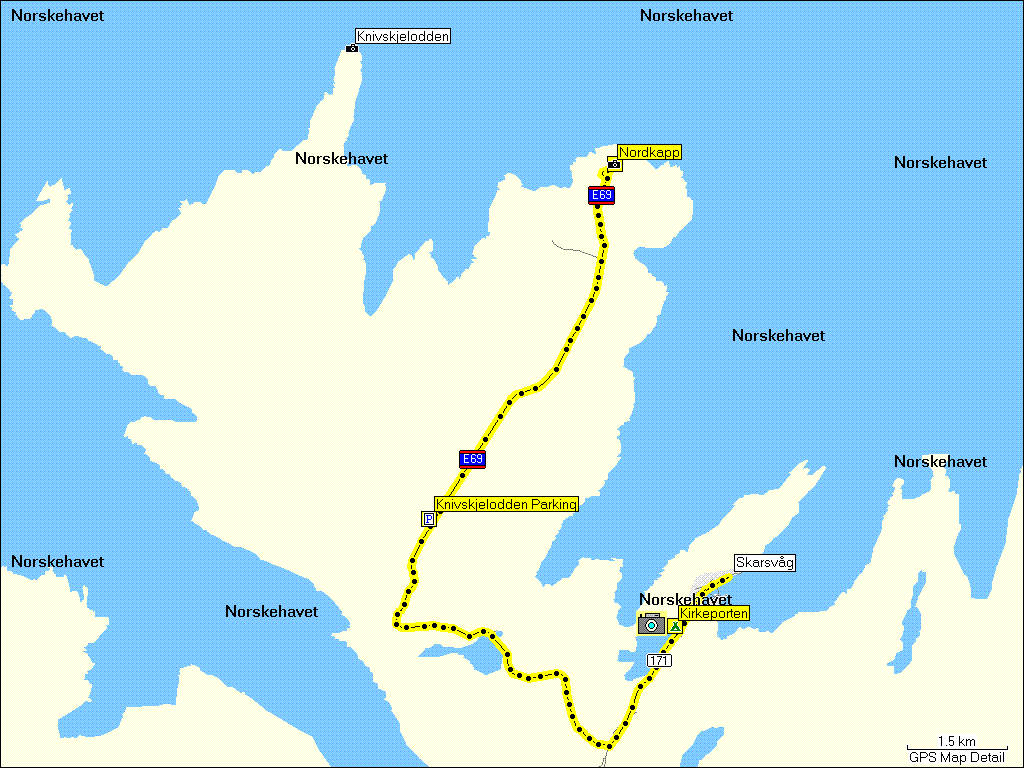 [ karte mit wegstrecke campingplatz kirkeporten zum nordkapp, zum parkplatz knivskjelodden, zum nordkapp und zurck zum campingplatz kirkeporten ]