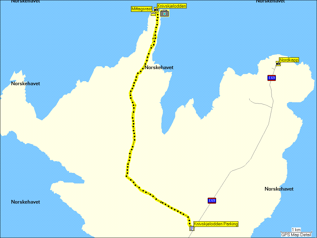 [ karte mit wegstrecke der wanderung vom parkplatz knivskjelodden nach knivskjelodden (nrdlichster punkt europas) und zurck ]