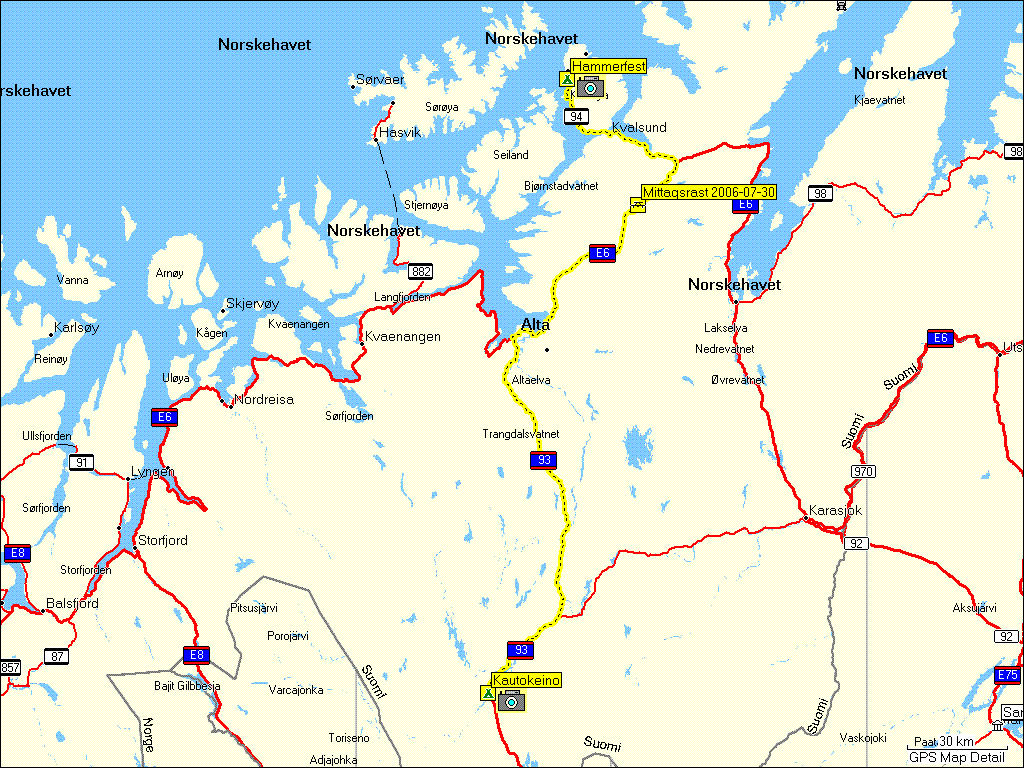 [ karte mit wegstrecke von hammerfest, N nach kautokeino, N ]