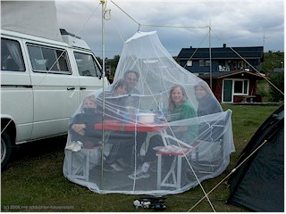 [ nachtessen unter dem moskitonetz auf dem campingplatz von kautokeino ]