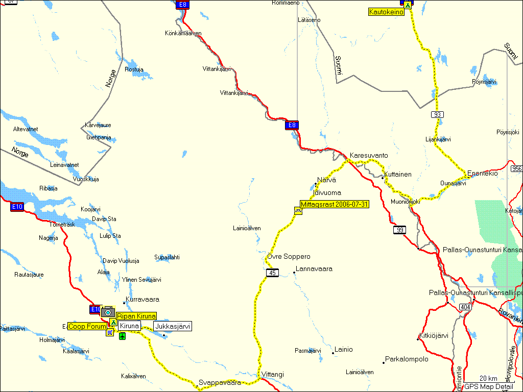 [ karte mit wegstrecke von kautokeino, N nach kiruna, S ]