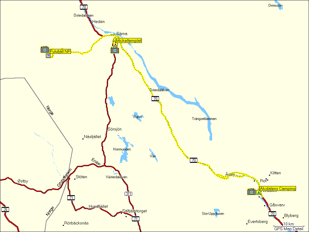 [ karte mit wegstrecke von lvdalen, S via mickeltemplet zum fulufjll nationalpark und zurck ]