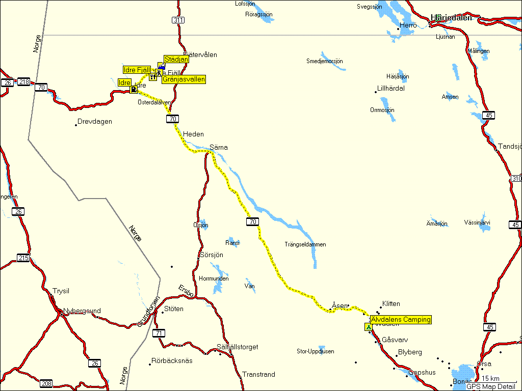 [ karte mit wegstrecke lvdalen, S - grnjasvallen - idre -  grnjasvallen - idre fjll - lvdalen, S ]