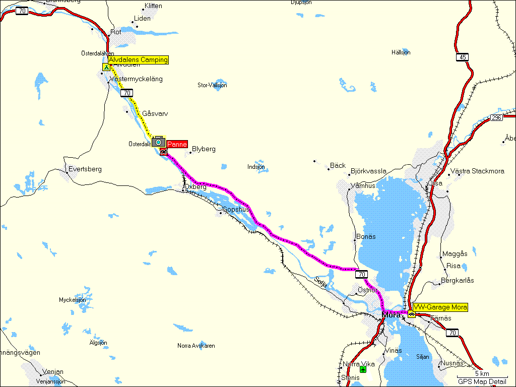 [ karte mit wegstrecke fahrt von lvdalen, S nach mora, S; panne nach 11 km ]