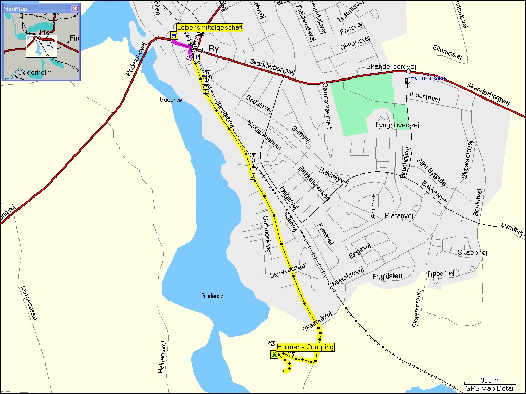 karte mit wegstrecke campingplatz holmens ins stadtzentrum von ry, DK und zurck plus fussmarsch