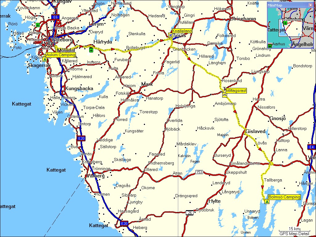 karte mit wegstrecke gteborg, S via bors nach bolms, S