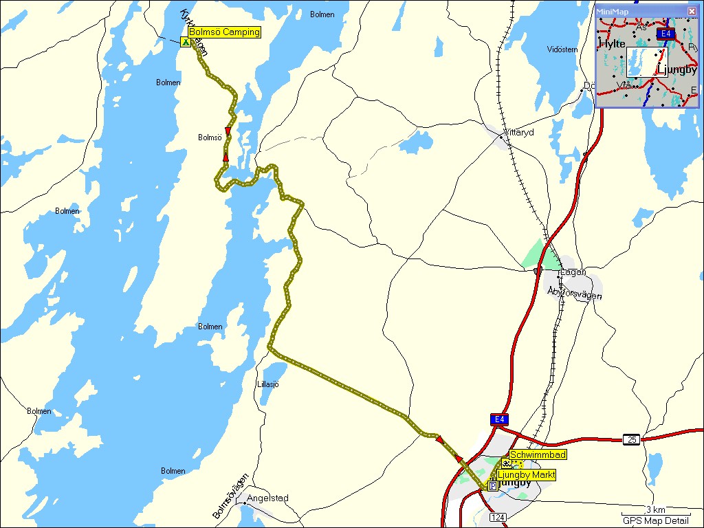 karte mit wegstrecke bolms, S zum schwimmbad von ljungby und zurck
