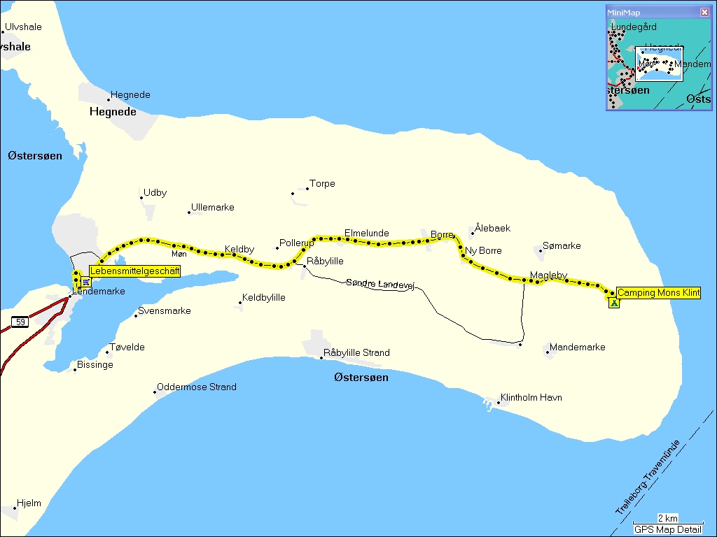 karte mit wegstrecke camping mons klint nach stege und zurck