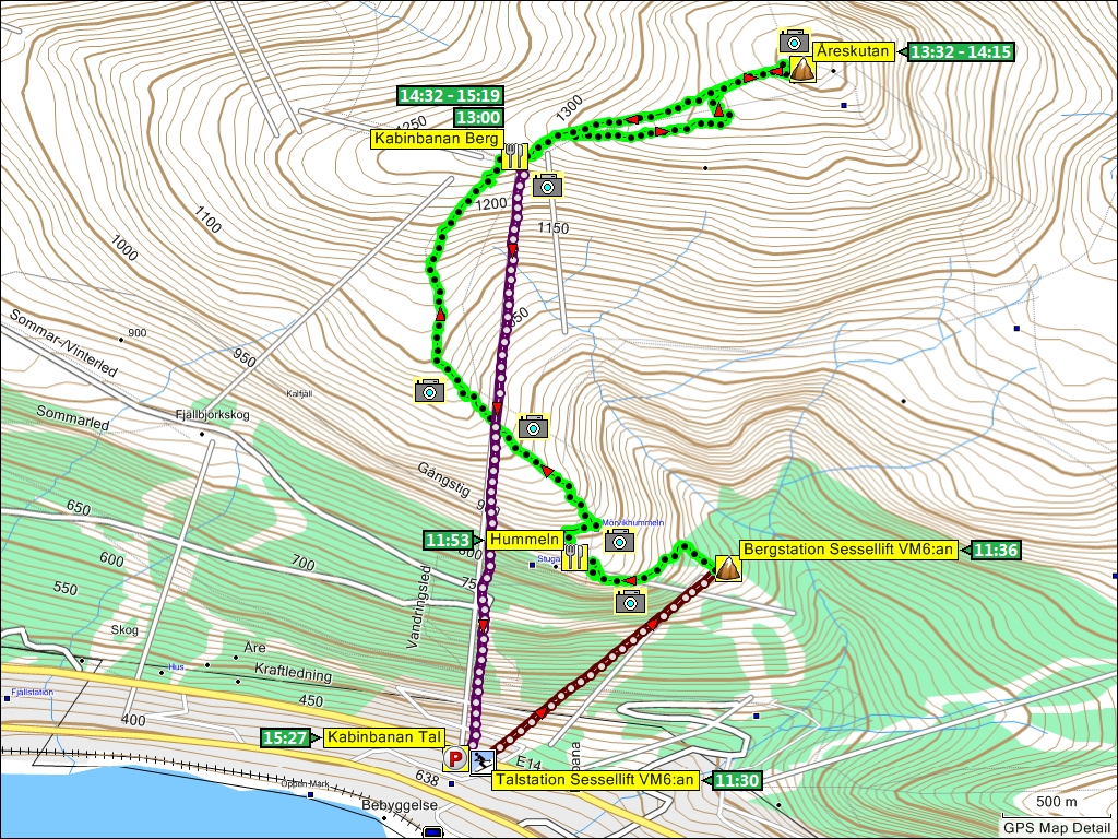 wegstrecke bergfahrt mit dem sessellift VM6, wanderung zum gipfel des reskutan, talfahrt mit der kabinbanan