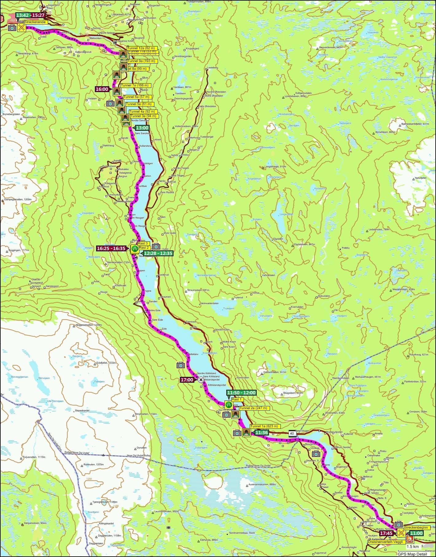 wegstrecke der draisinenfahrt von veggli nach rdberg und zurck