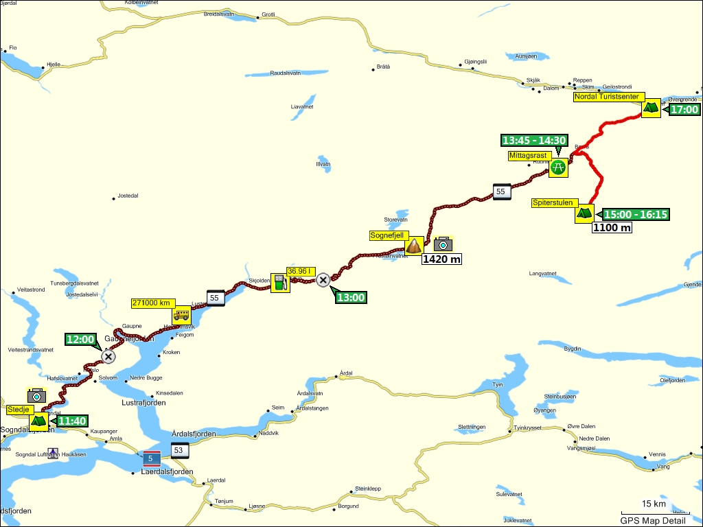 wegstrecke von sogndal, N via spiterstulen nach lom, N