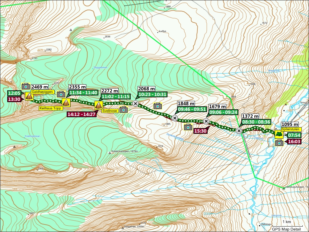 wegstrecke der wanderung von spiterstulen auf den galdhpiggen und zurck