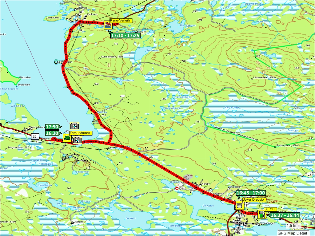 wegstrecke von femundtunet nach drevsj und via kanuverleih zurck nach femundtunet