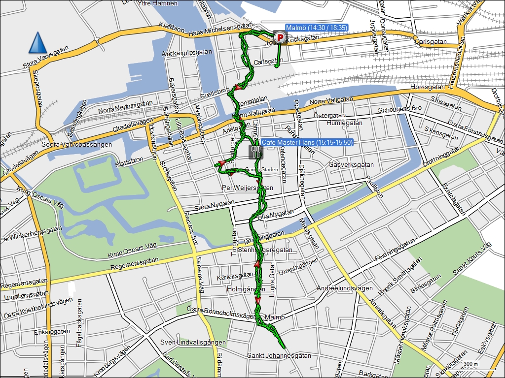 wegstrecke des spaziergang durch das stadtzentrum von malm, SE