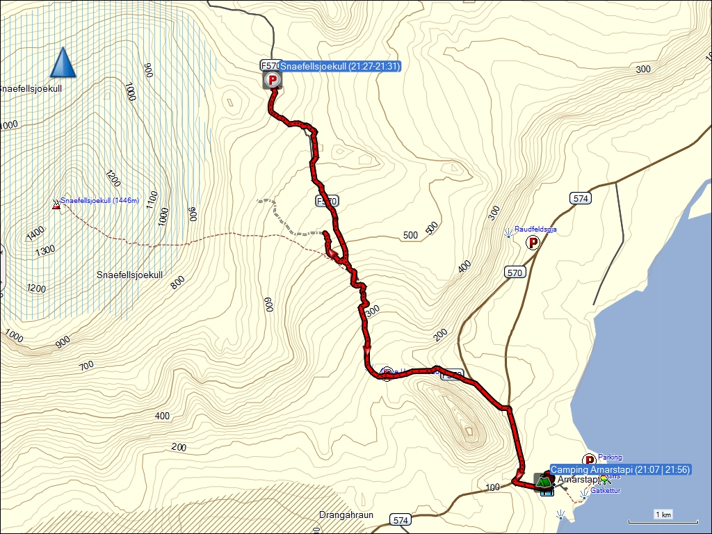 wegstrecke fahrt von arnarstapi zum snaefellsjoekull und zurueck