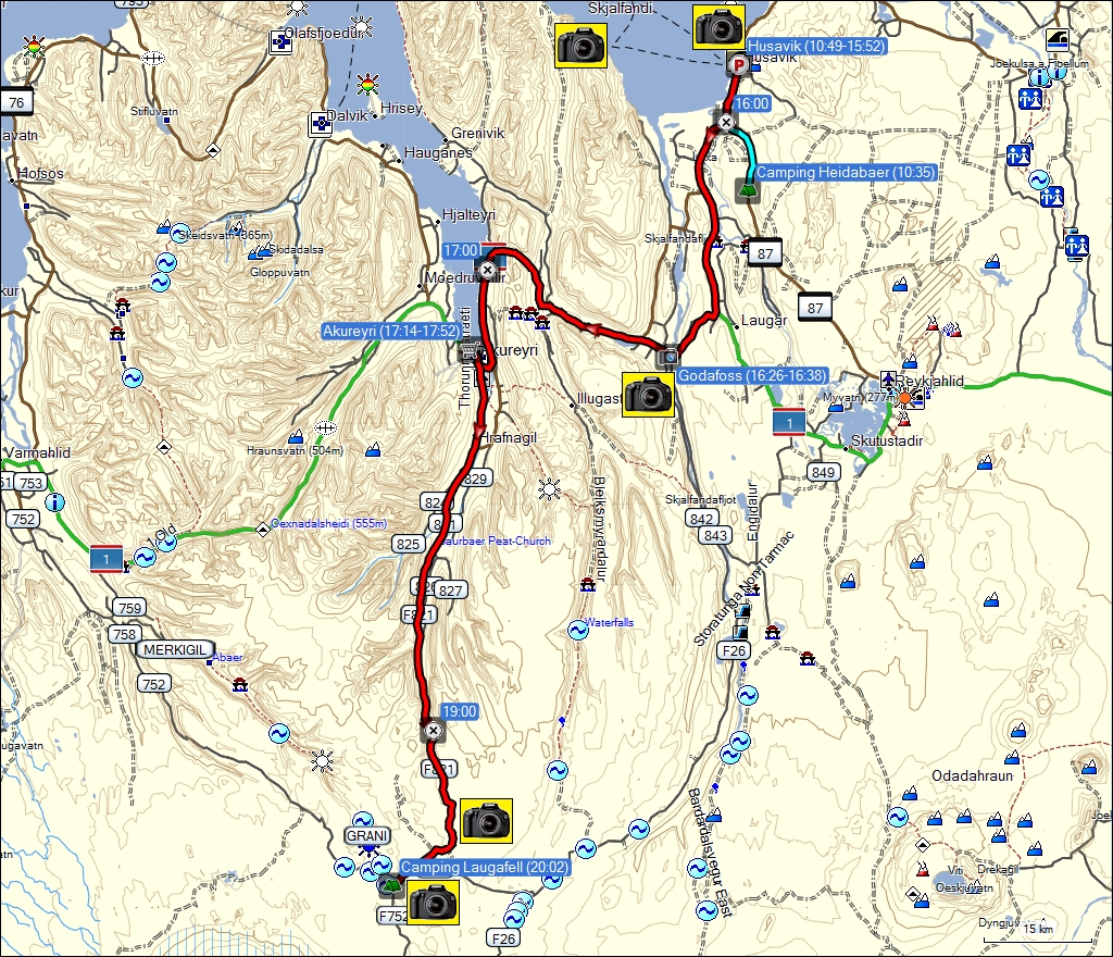 wegstrecke fahrt von heidarbaer via husavik und akureyri nach laugafell