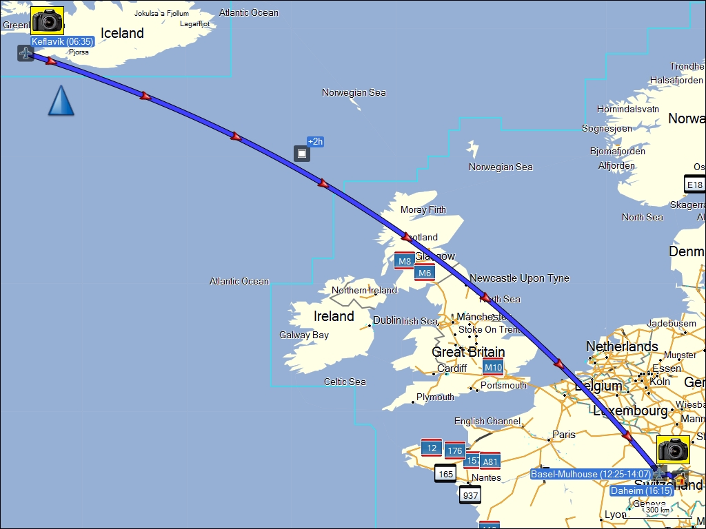 wegstrecke flug von reykjavik nach basel-mulhouse sowie zugfahrt von basel-mulhouse nach daheim