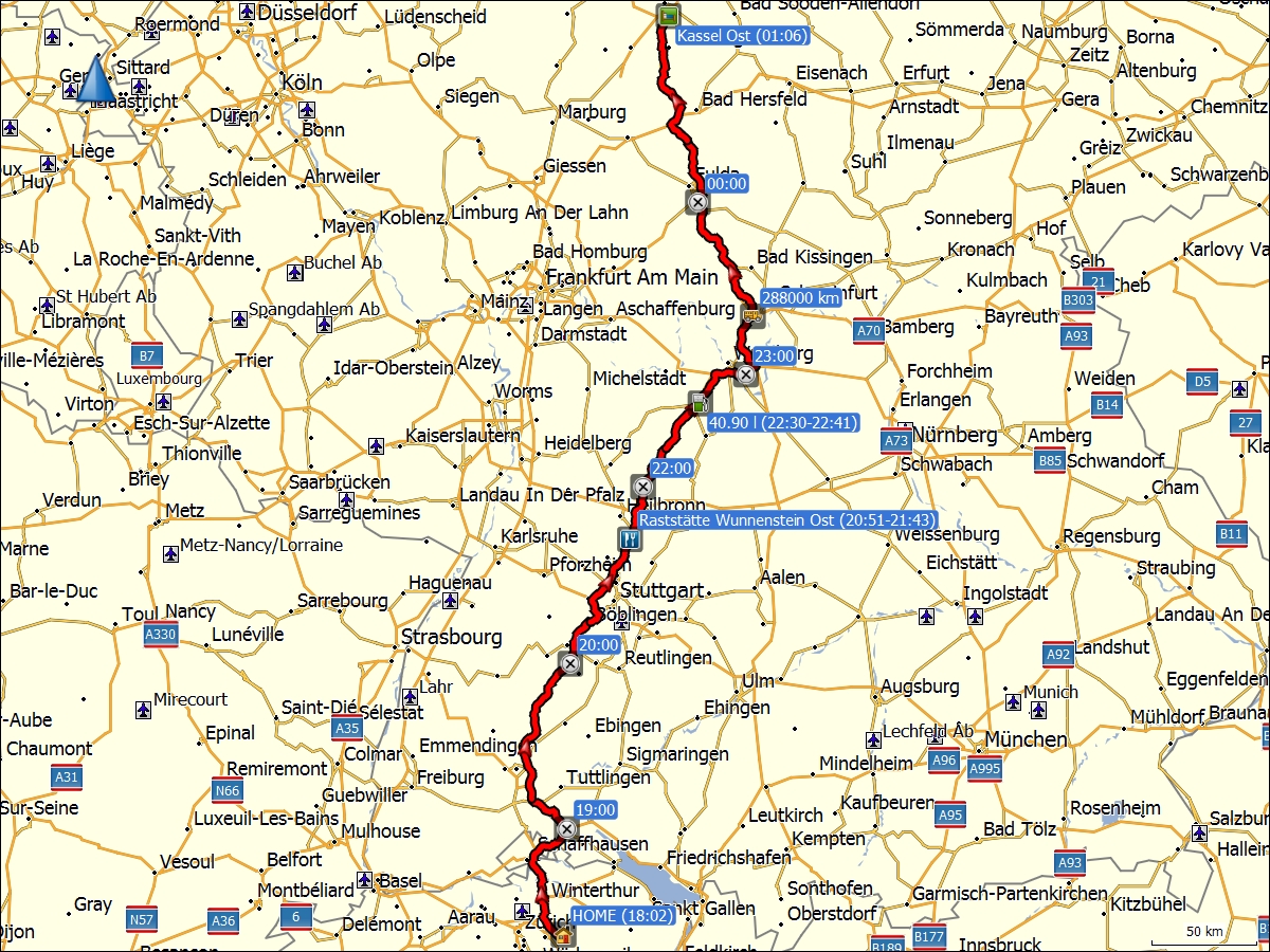 wegstrecke der fahrt von daheim zur raststaette kassel ost