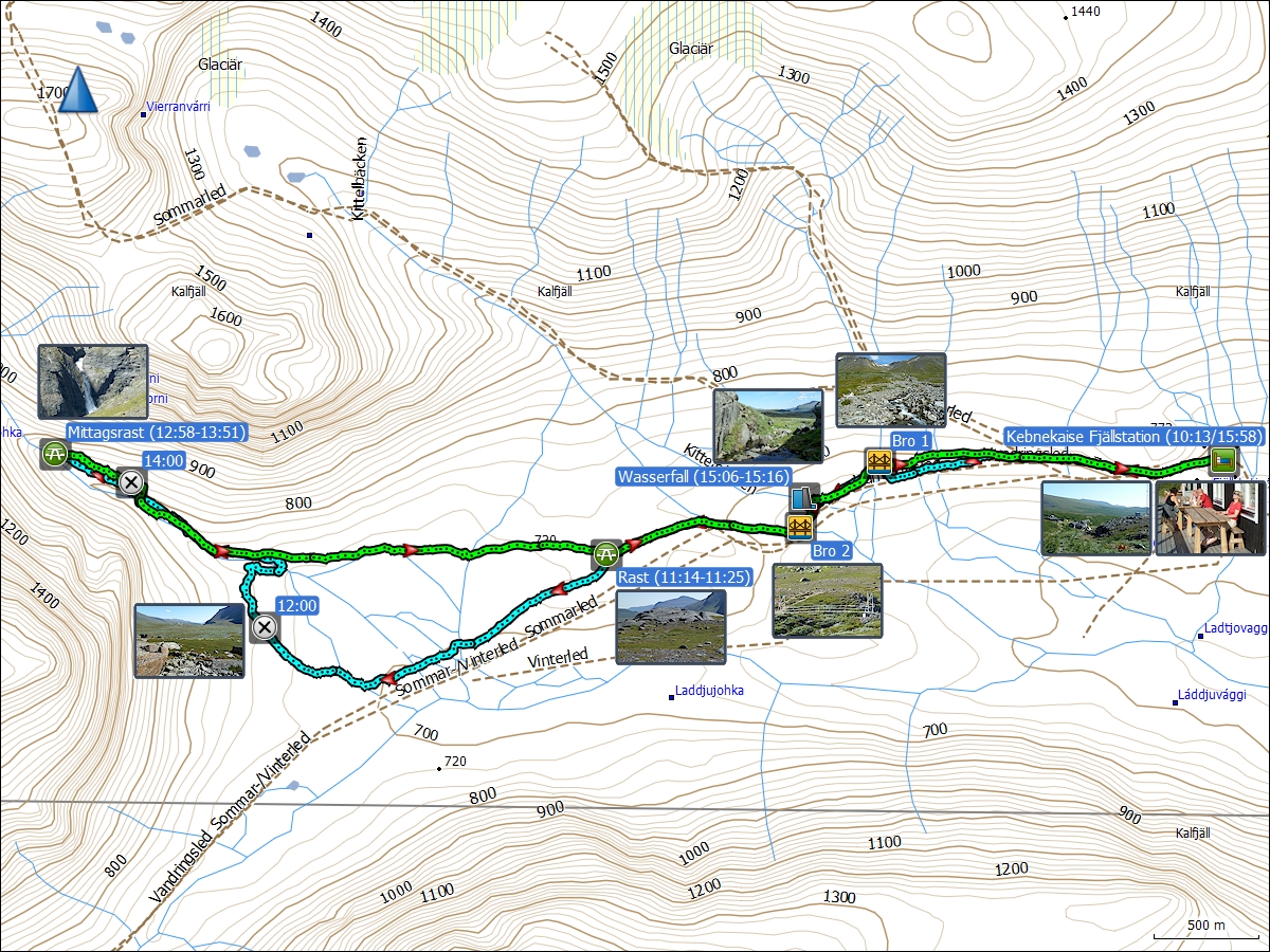 wegstrecke der wanderung von der kebnekaise fjaellstation zum wasserfall silverfallet und zurueck