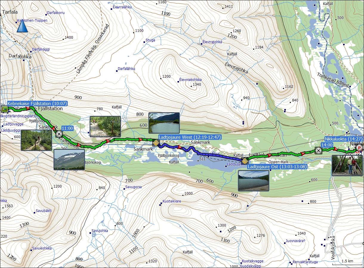 wegstrecke der wanderung von der kebnekaise fjaellstation zum parkplatz bei nikkaluokta inklusive bootesfahrt ueber den ladtjojaure