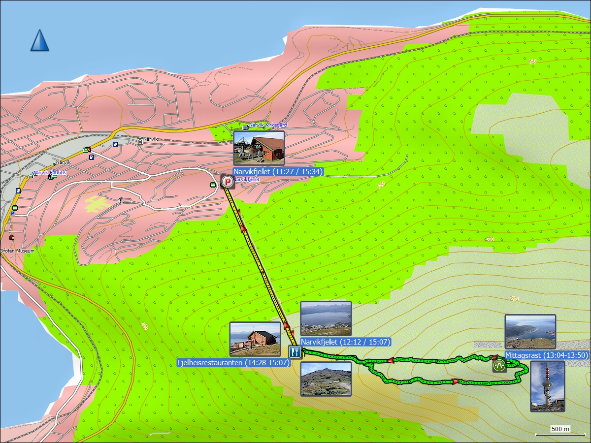 wegstrecken fahrten mit der gondelbahn und wanderung vom fjellheisrestauranten zum gipfel des narvikfjellet und zurueck