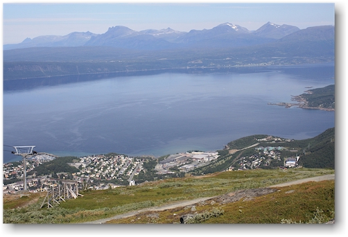 blick von der bergstation der narvikfjallet-gondelbahn auf narvik und den herjangsfjorden