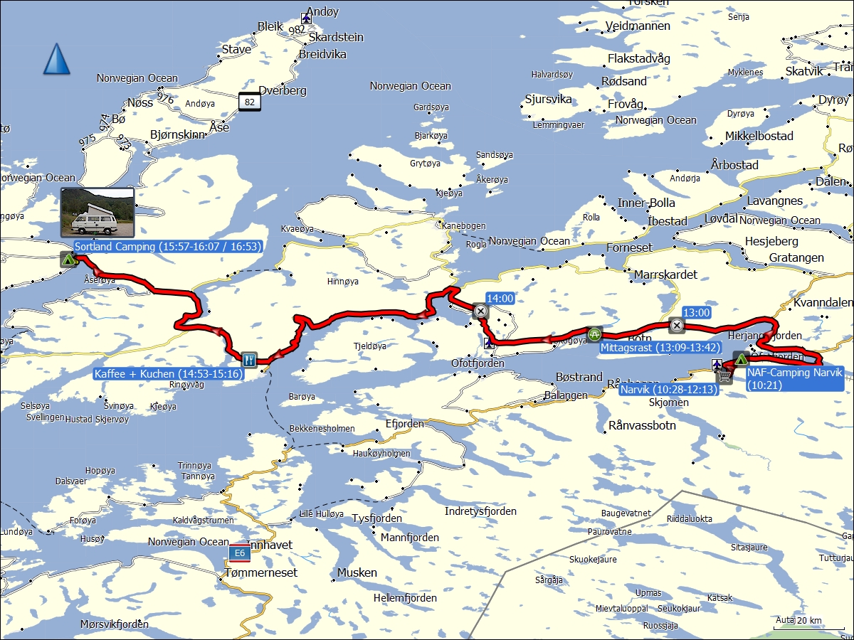 wegstrecke der fahrt vom campingplatz in narvik zum campingplatz in sortland