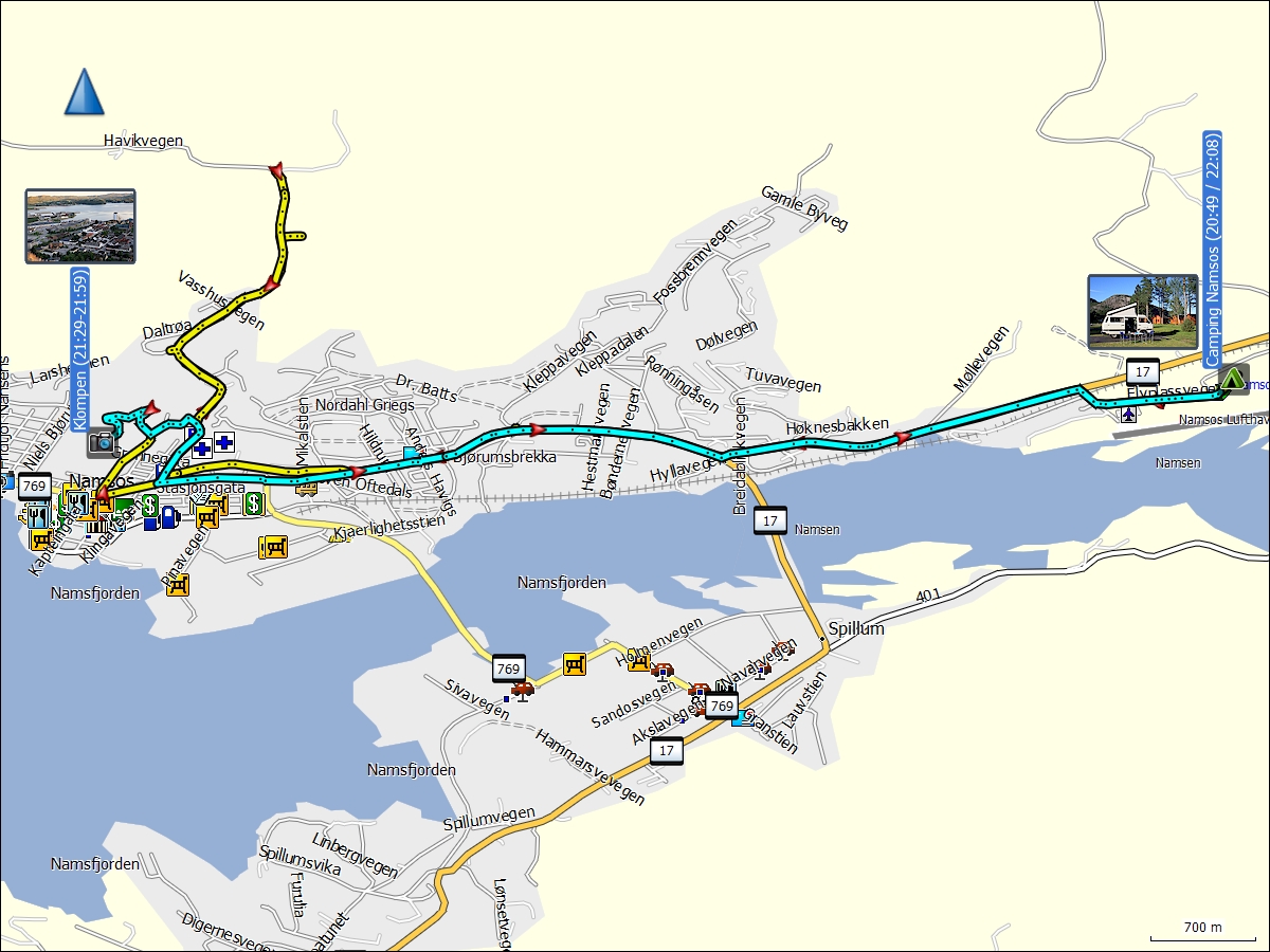 wegstrecke der fahrt vom campingplatz namsos zum klompen und zurueck