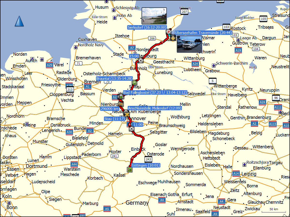 wegstrecke der fahrt von der raststaette goettingen zum ueberseehafen travemuende