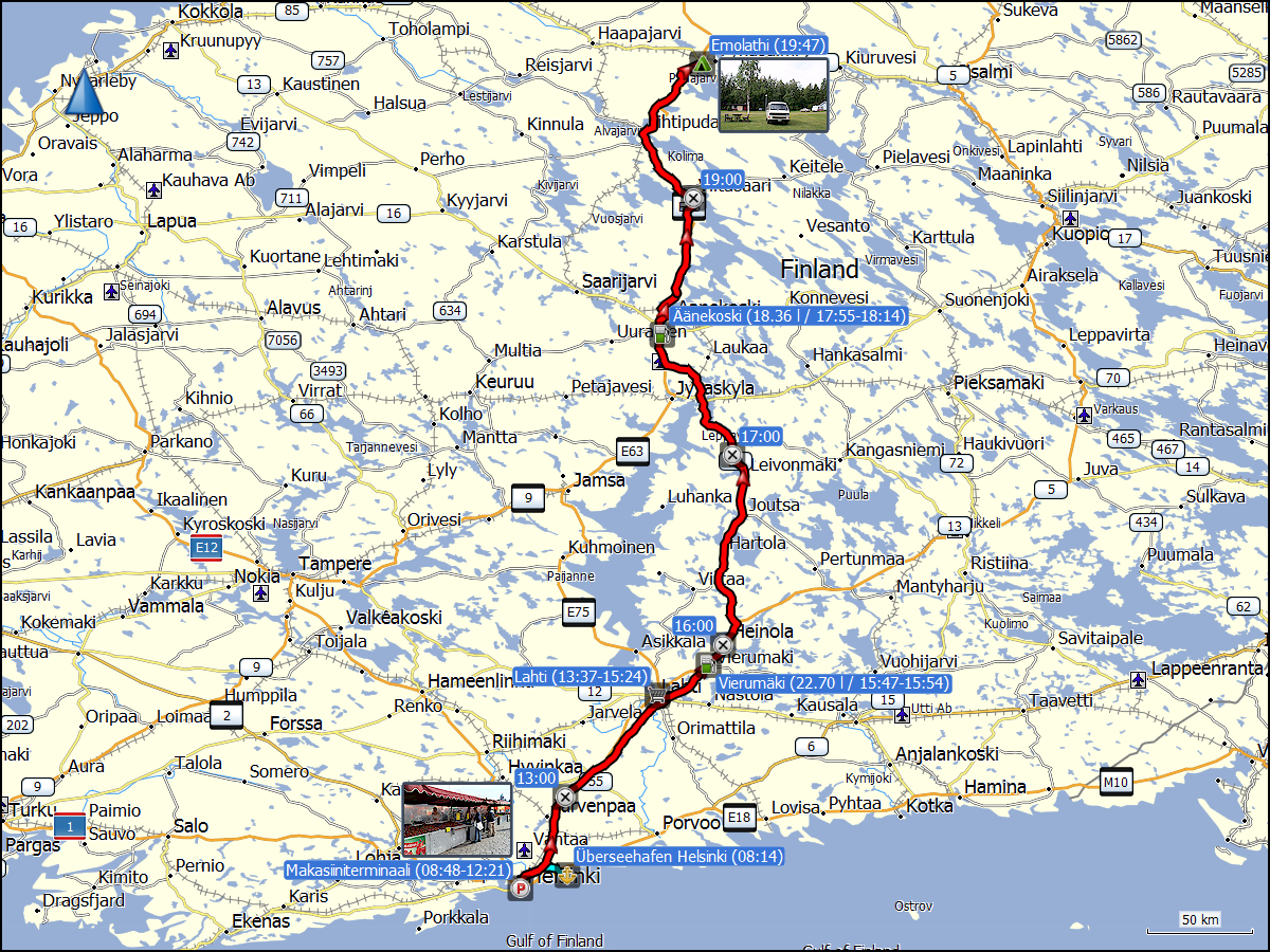 wegstrecke der fahrt von helsinki nach emolahti