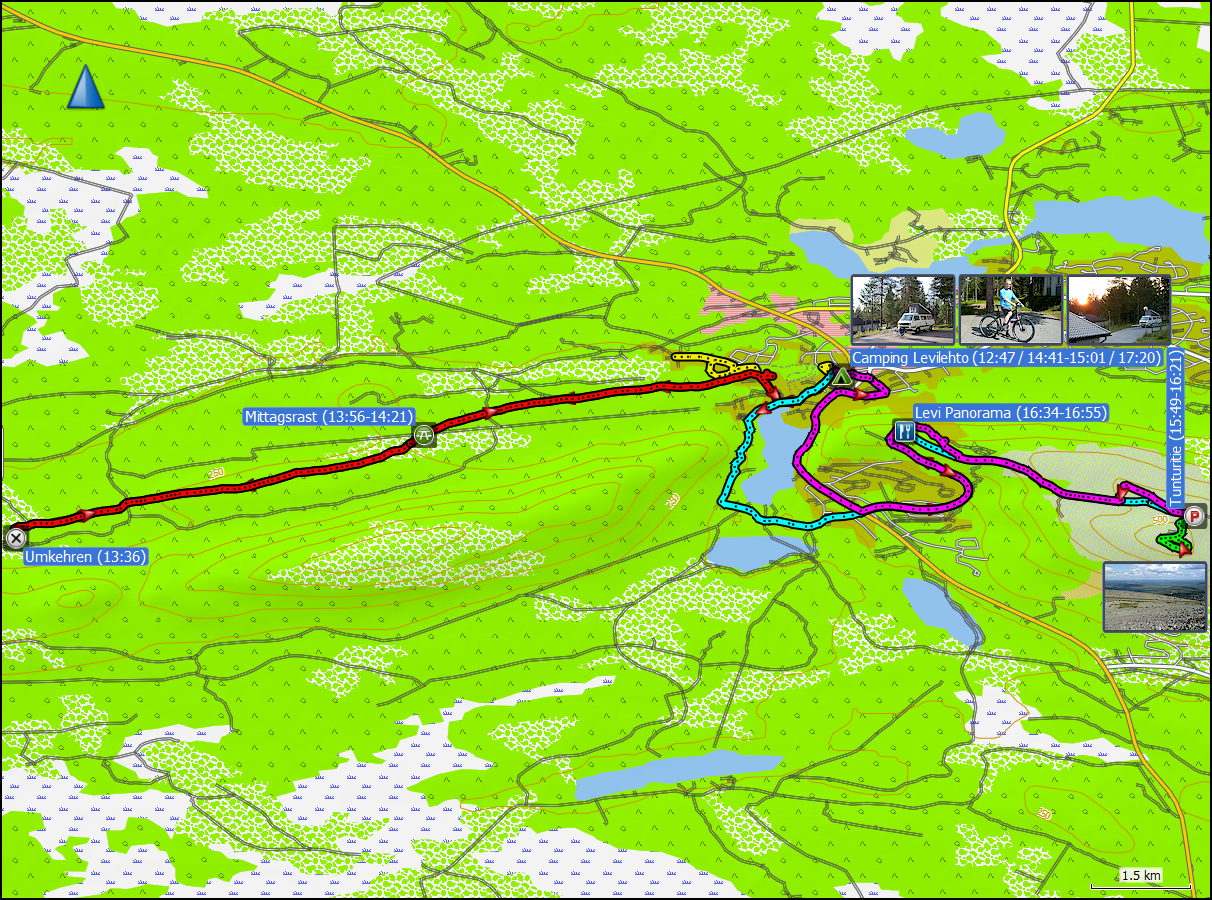 wegstrecken der radtouren und der kurzwanderung auf dem levi tunturitie bei levi, FI