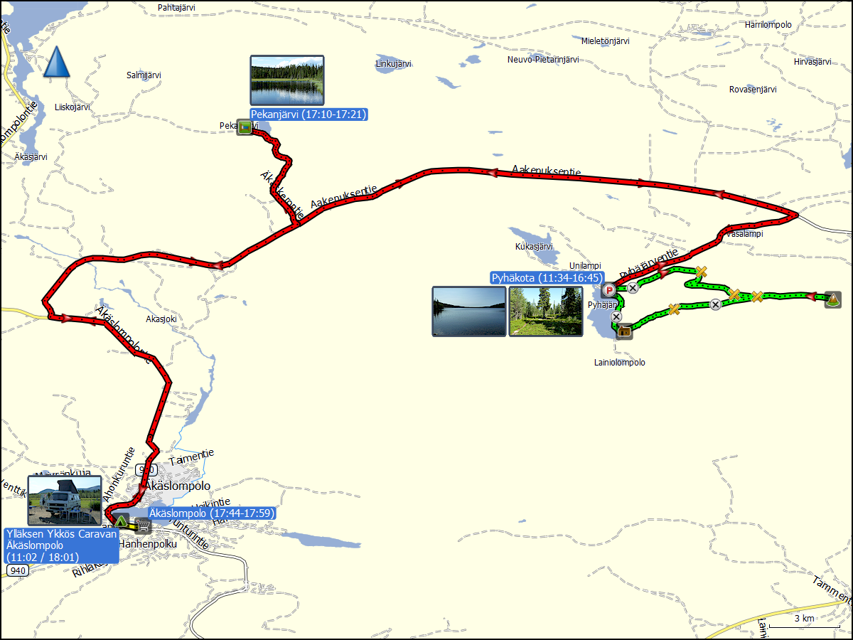 wegstrecke der fahrt von aekaeslompolo nach pyhaekota und zurueck via pekanjaervi