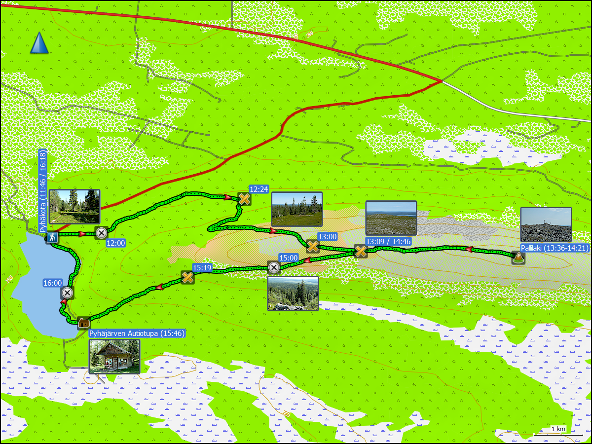 wegstrecke der wanderung pyhaekota - pallilaki - pyhaejaerven autiotupa - pyhaekota