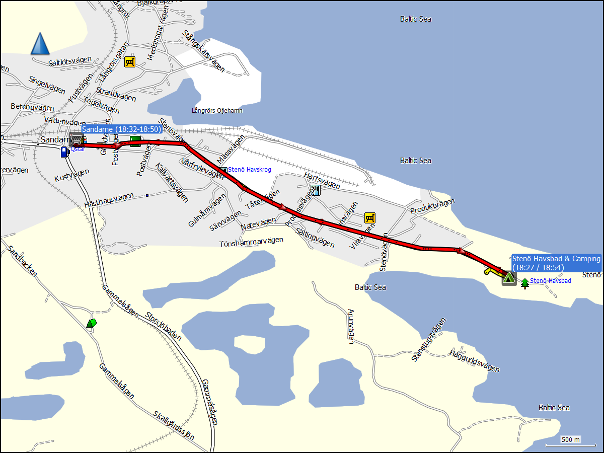wegstrecke der fahrt von stenoe nach sandarne und zurueck