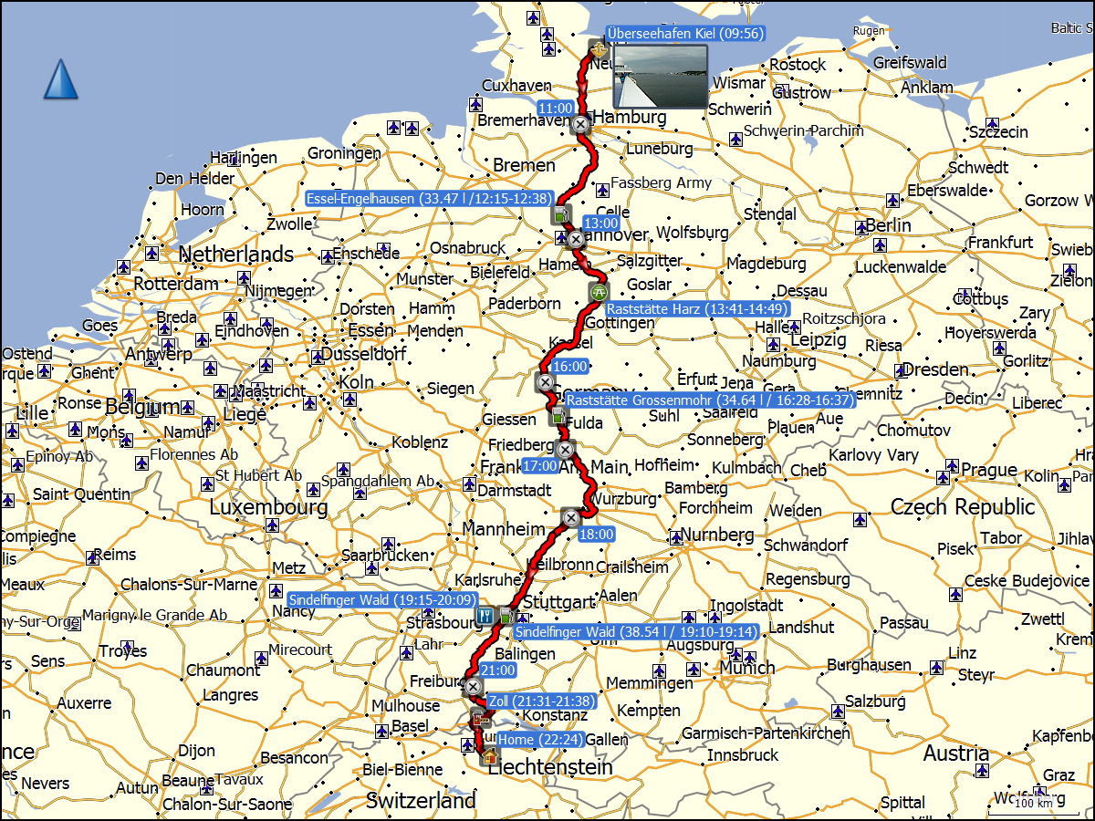 wegstrecke der fahrt von kiel nach daheim